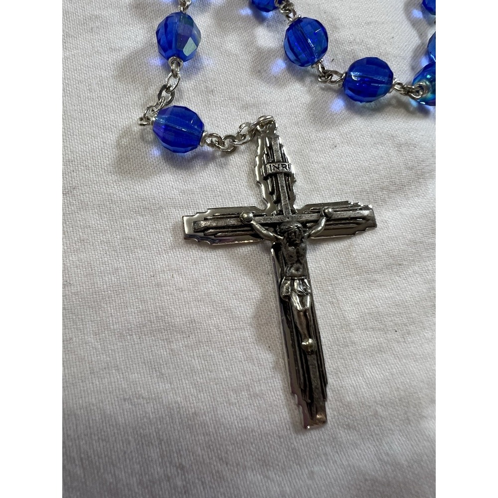 Set of 2 Catholic Rosaries Blue & Clear Glass Beads Silver Crucifix INRI Vintage - Picture 4 of 12